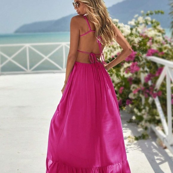Pink Tie Front Ruffle Hem Cami Maxi Dress - Picture 2 of 5